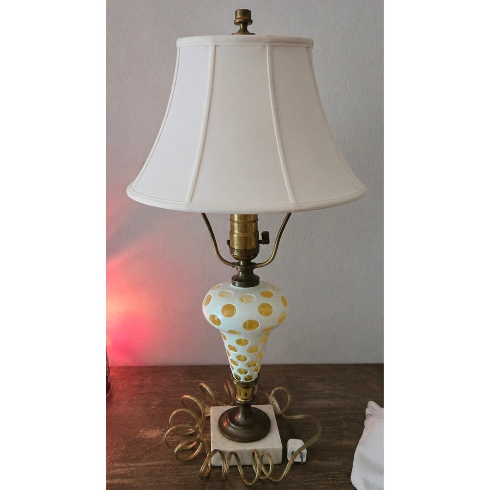 Vintage Fenton Honeysuckle Coin Dot Opalescent Glass Lamp Marble Base No Shade